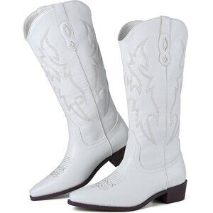🆕Women White Faux Leather Cowgirl Knee High Cowboy Boots Chunky Heel Western